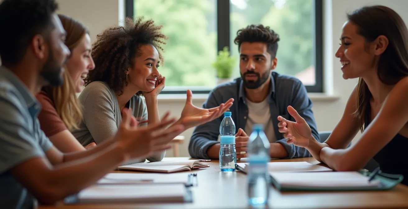 Close-up of students engaged in animated discussion around a table with hands gesturing, notebooks visible