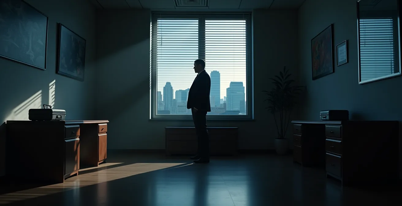 Minimalist scene depicting anonymous security measures with shadows and abstract elements