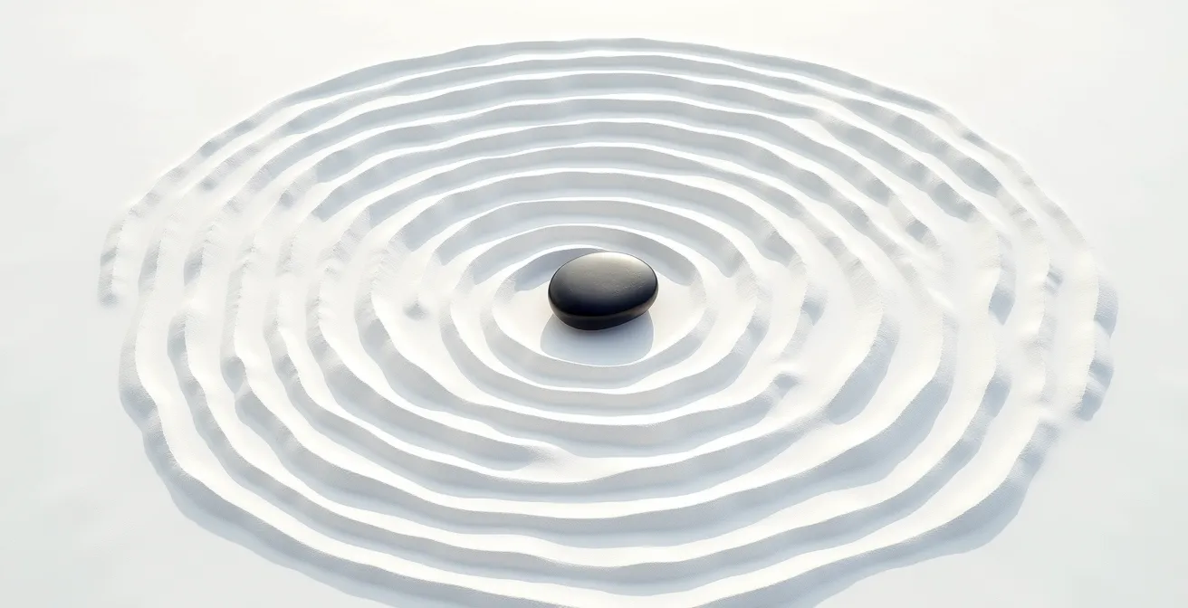 Visual representation of recurring revenue creating compound value over time in a minimalist zen garden aesthetic