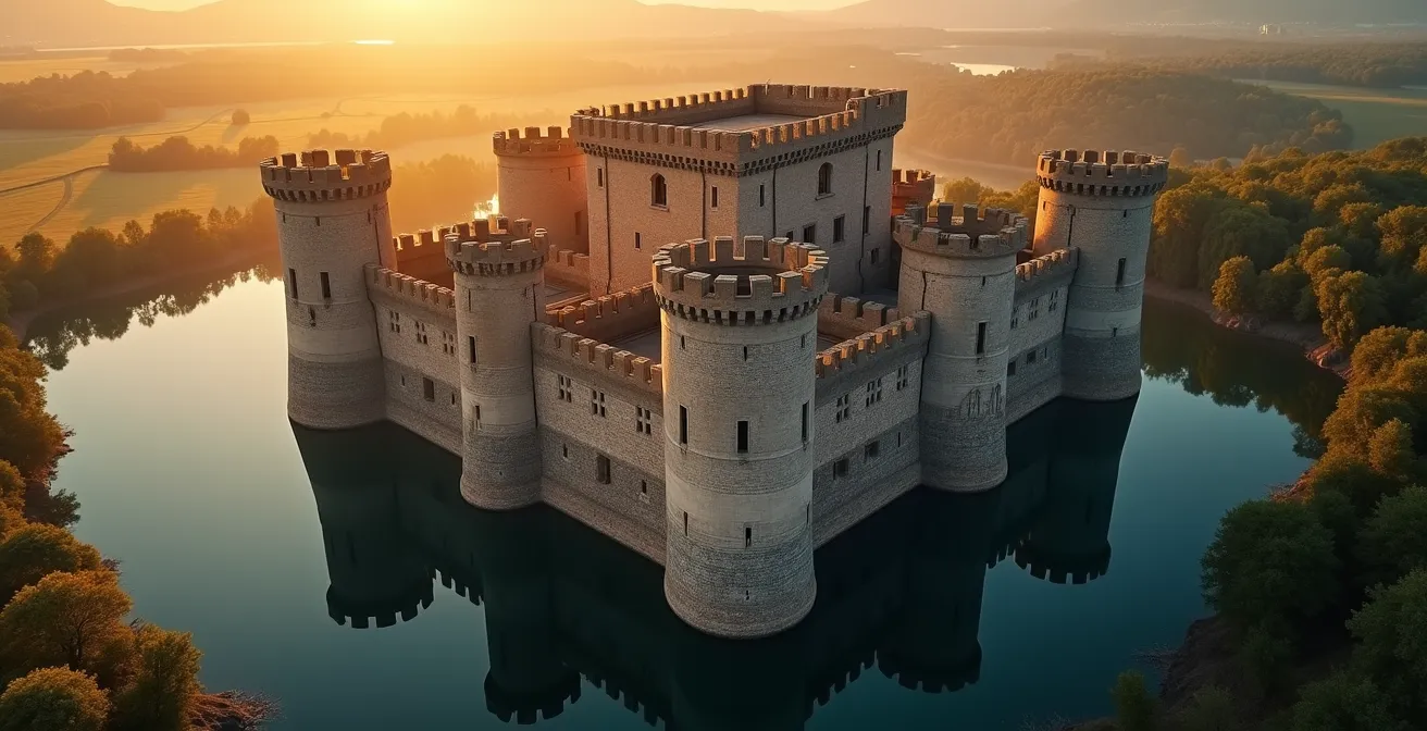 A multi-layered castle with defensive walls representing a robust asset protection structure with trusts and LLCs.