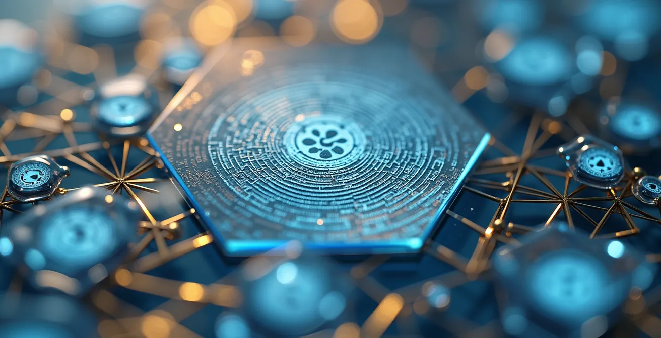 Transparent blockchain ledger visualization showing the complete ownership history of a luxury digital art