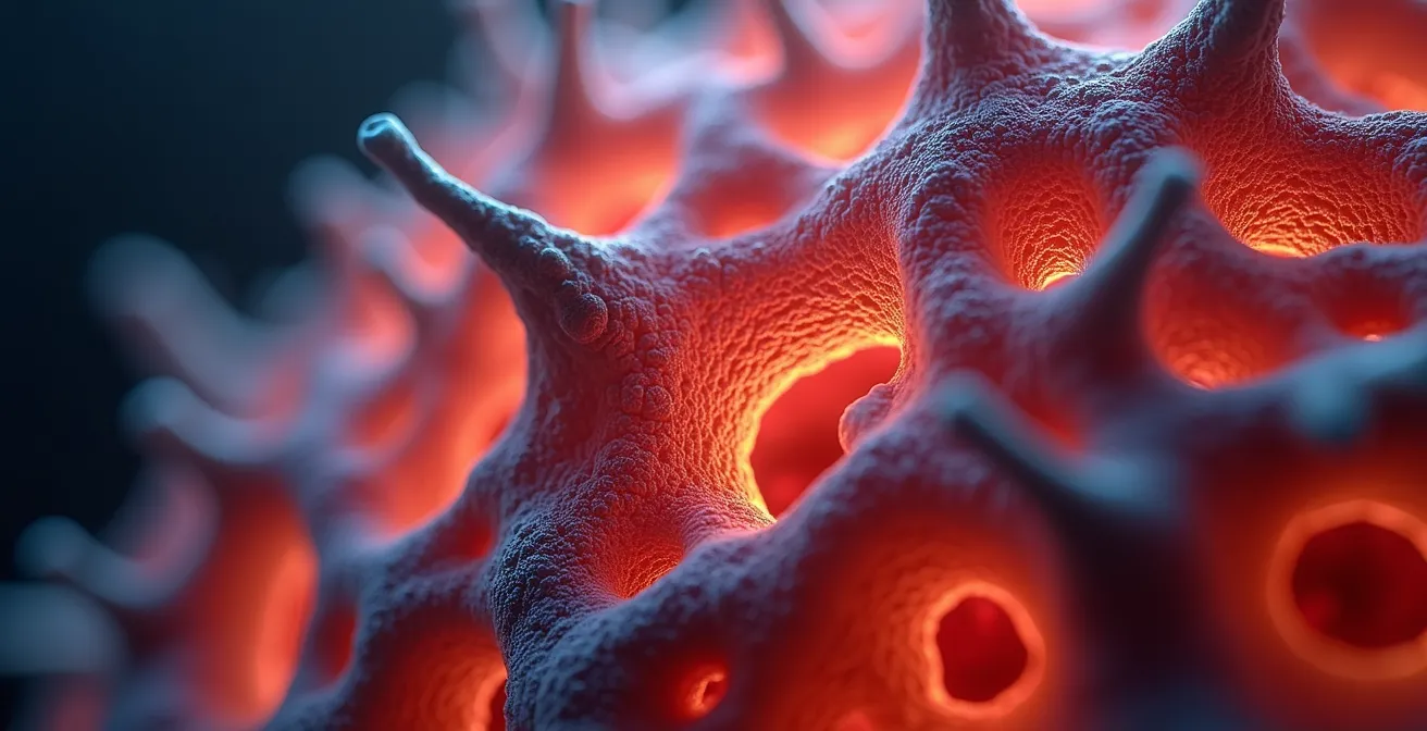 Macro shot of neural synapses firing with subtle red glow indicating stress activation