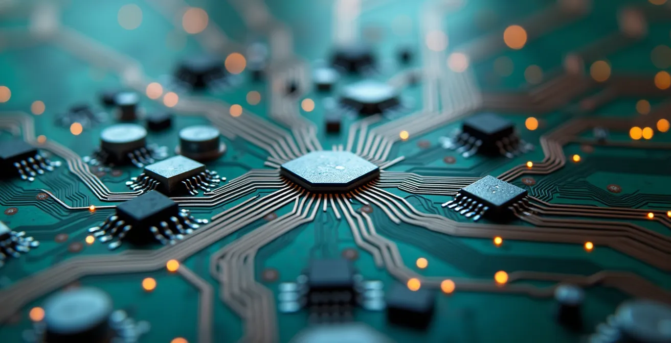 Extreme close-up of an industrial sensor circuit board, with intricate patterns of solder and copper traces representing the complex data flow enabling cloud-powered digital twins.