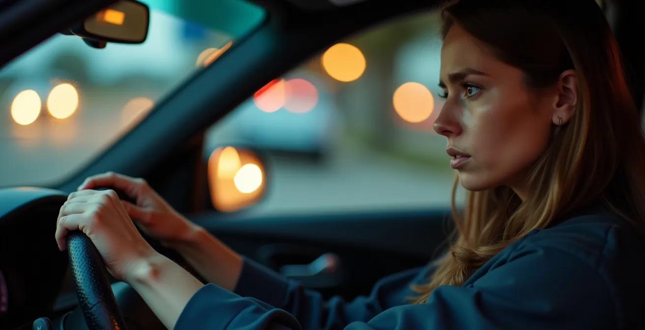 Driver's perspective showing narrowed field of vision during touchscreen interaction