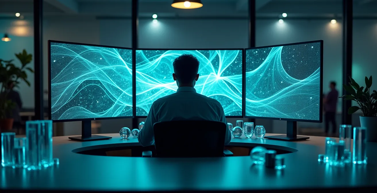 Data analyst reviewing customer behavior patterns on multiple screens