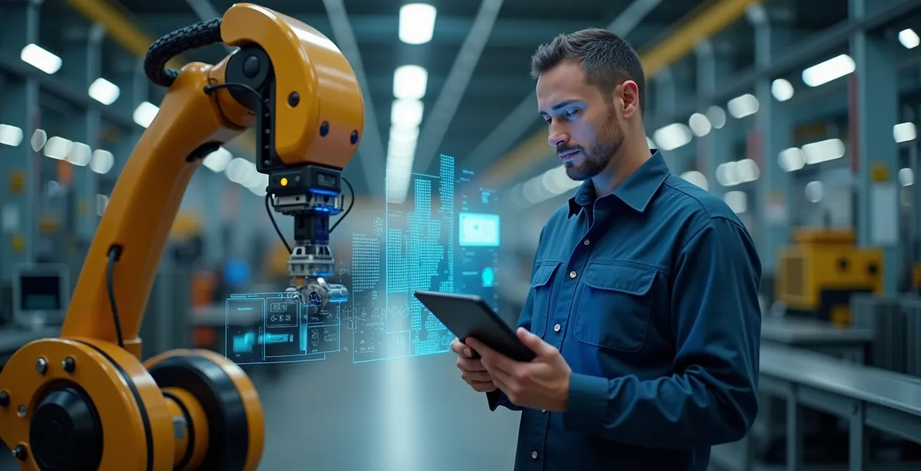 A maintenance engineer confidently observes a self-optimizing production line where a robotic arm adjusts its own parameters based on real-time data from cyber-physical systems.