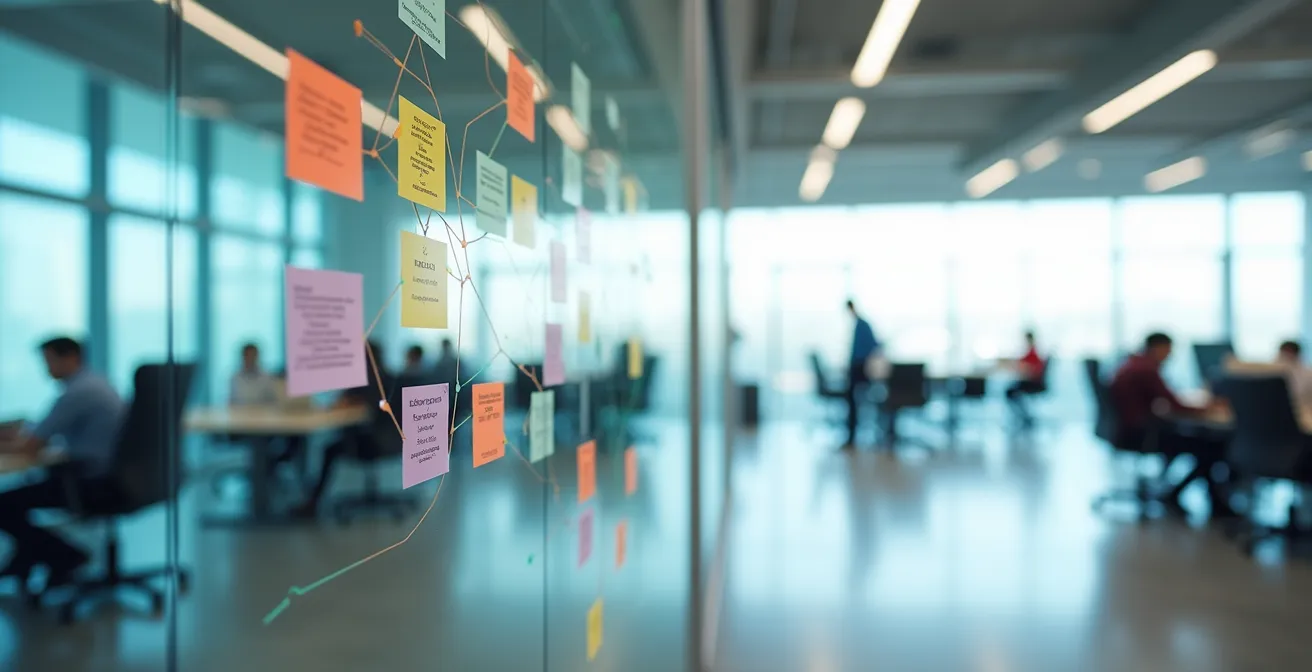 Visual dependency board showing interconnected workflow between multiple teams