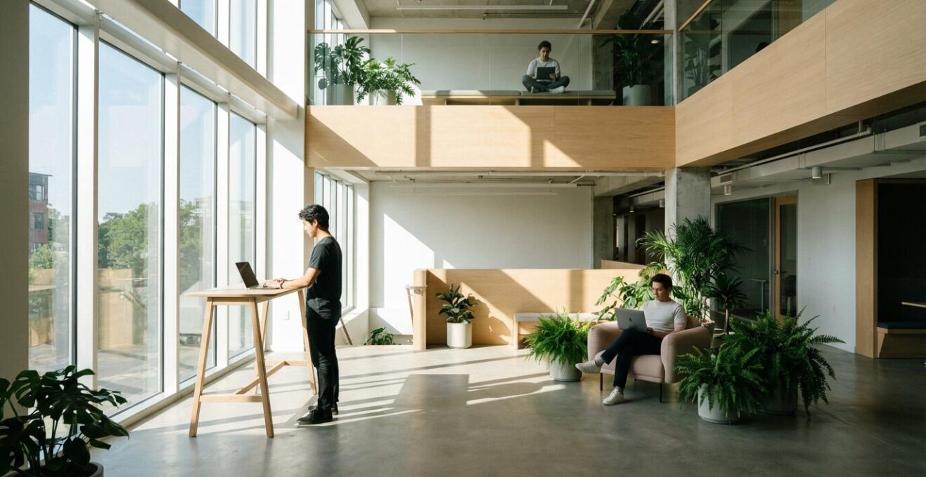 Modern office environment with young professionals working independently on laptops in different creative spaces, showcasing flexible work arrangements