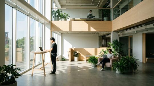 Modern office environment with young professionals working independently on laptops in different creative spaces, showcasing flexible work arrangements