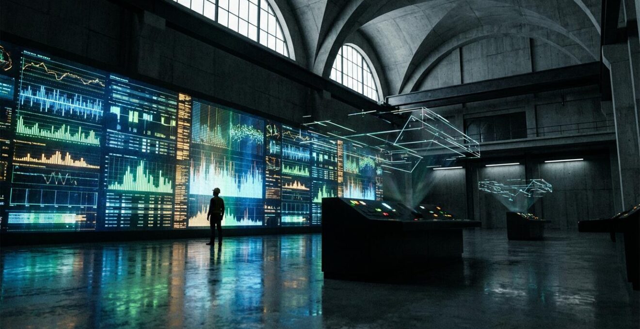 Engineer monitoring real-time digital twin of production facility on large screens