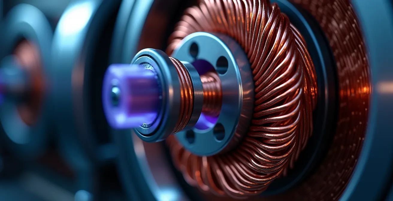 Macro view of electromagnetic coils showing magnetic field interaction in electric motor