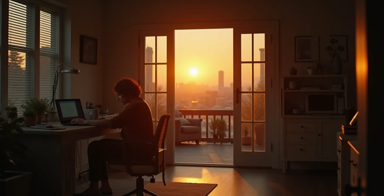 Professional transitioning from work to personal time by closing a laptop in a home office at dusk.