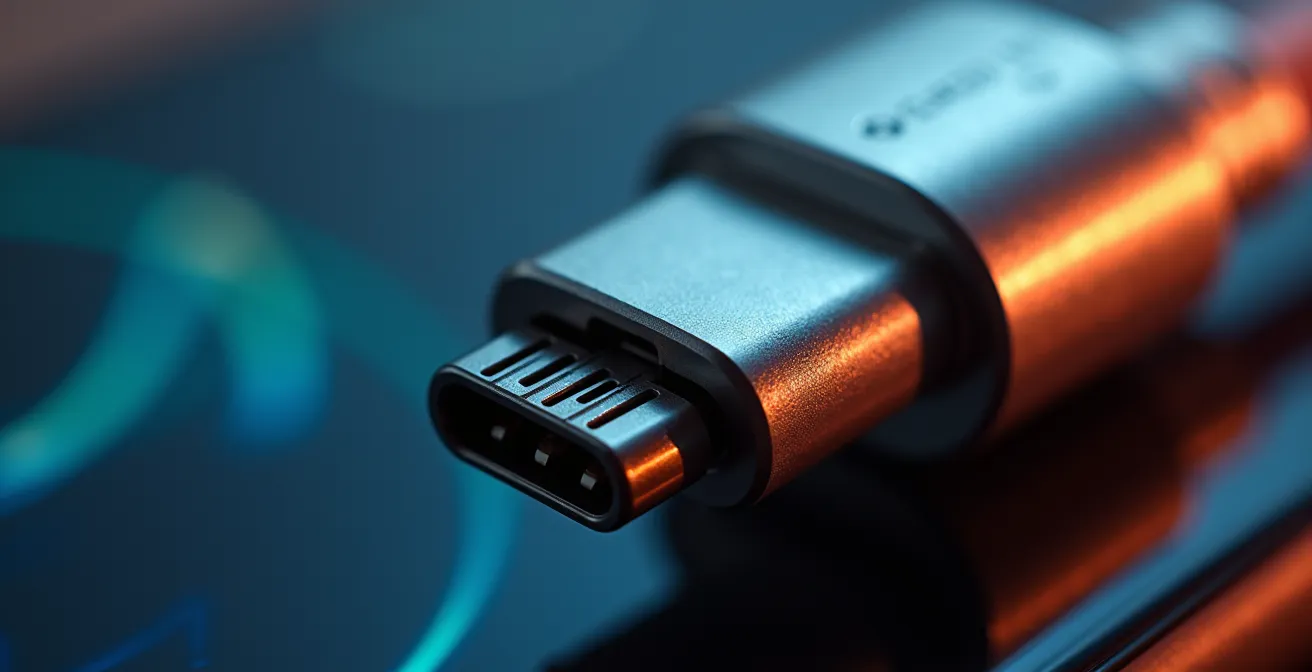 Extreme close-up of charging connector showing intricate metal contacts and safety mechanisms