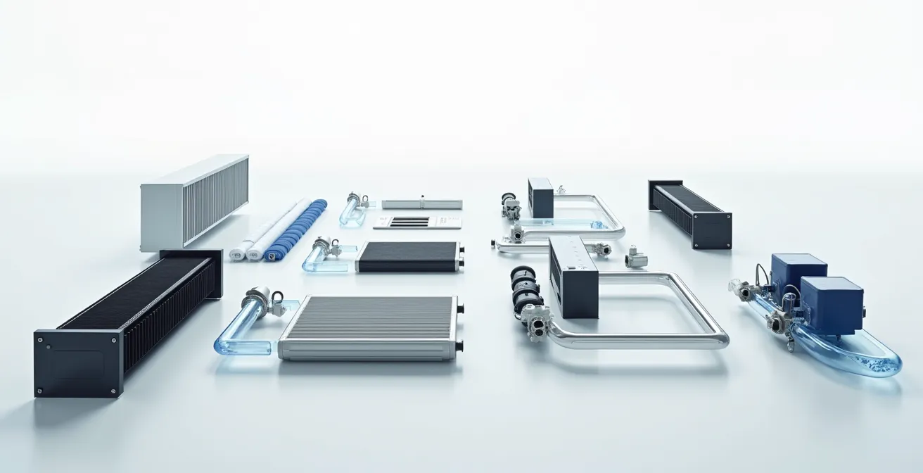 Wide shot of EV cooling system components showing radiator, pumps and coolant lines