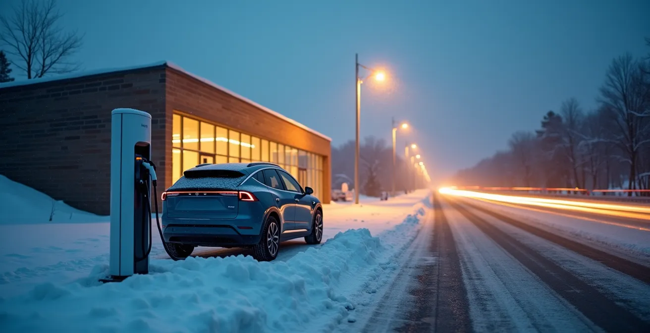 Wide shot of electric vehicle at illuminated charging station during winter evening with service station amenities visible