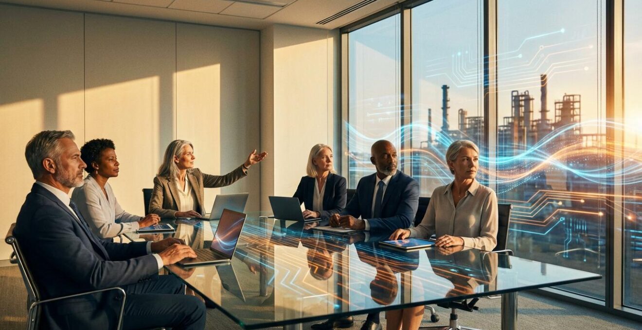 Senior executives at pivotal moment examining holographic factory floor visualizations