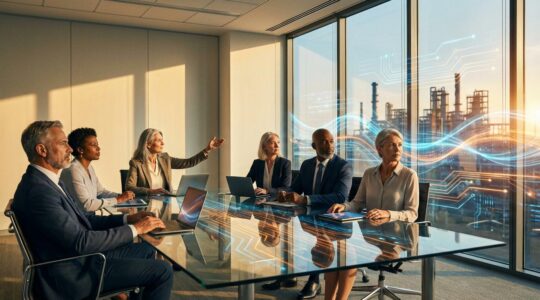 Senior executives at pivotal moment examining holographic factory floor visualizations