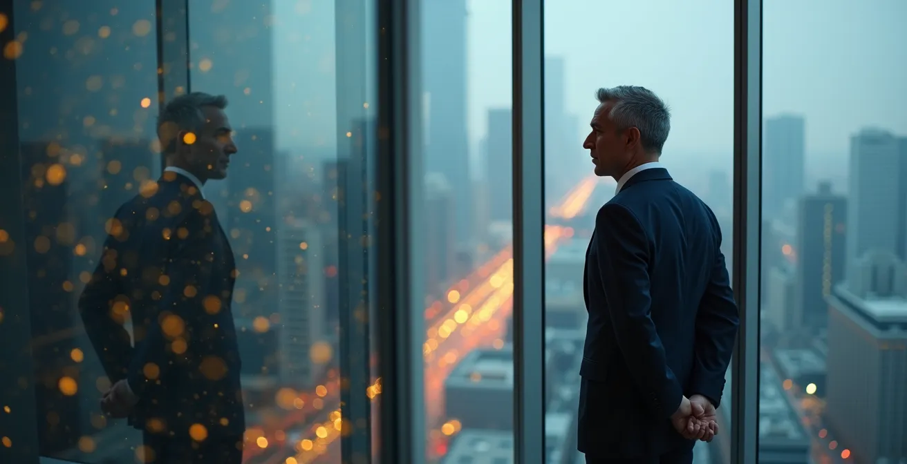 Business executive overseeing interconnected network of partners in modern office environment