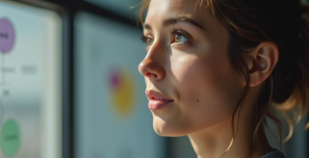 Product manager analyzing feature priority board with focused determination