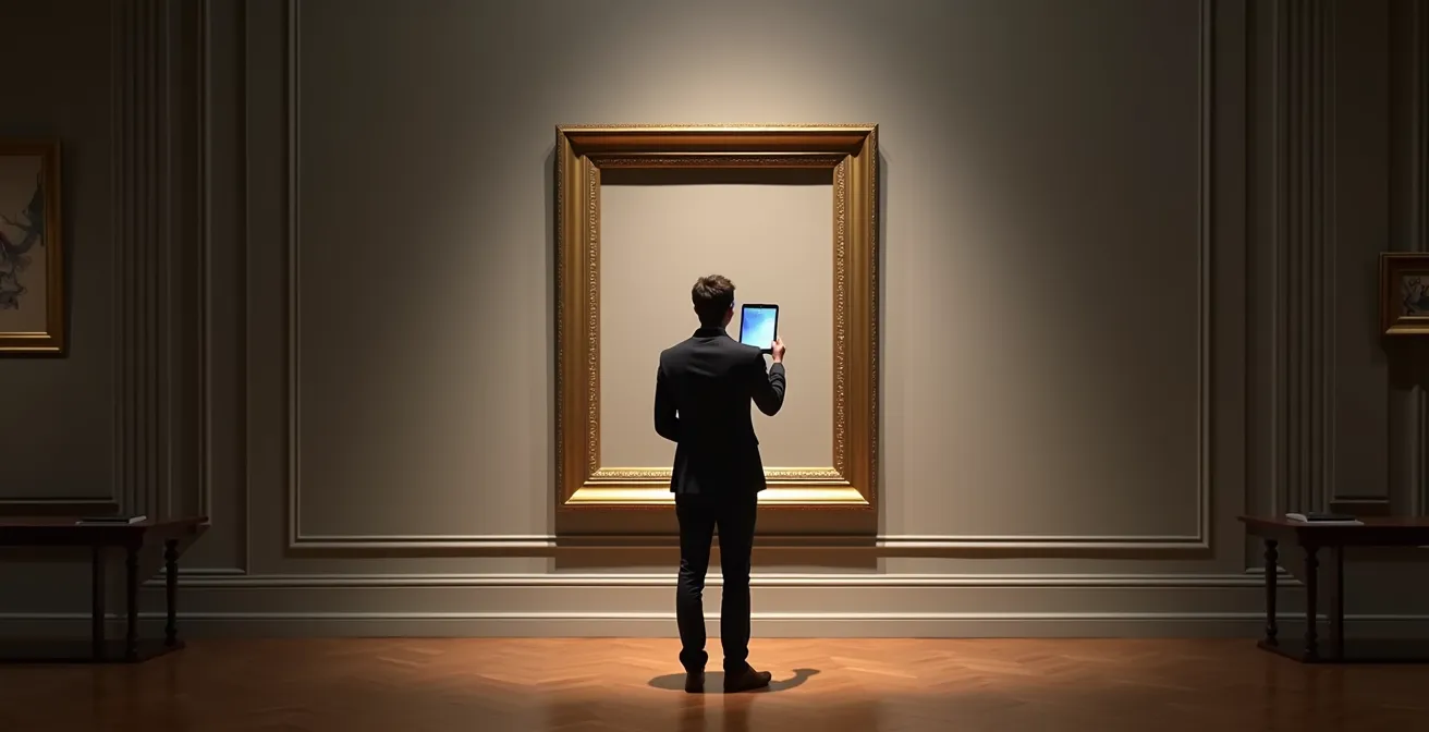 Gallery visitor experiencing NFT artwork through AR visualization in physical exhibition space