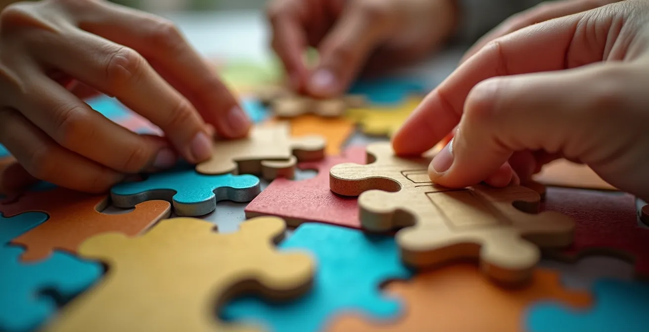 Extreme close-up of hands manipulating colorful geometric puzzle pieces representing learning concepts