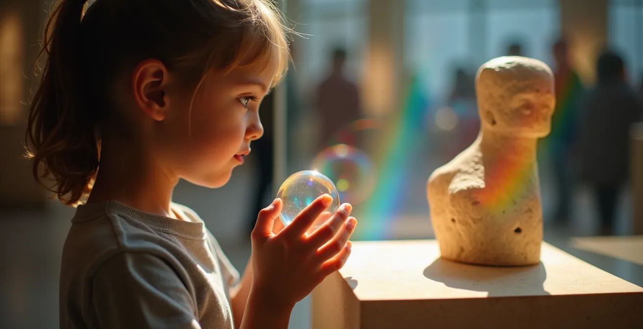 Young museum visitor holding transparent device with holographic historical scene floating above ancient pottery