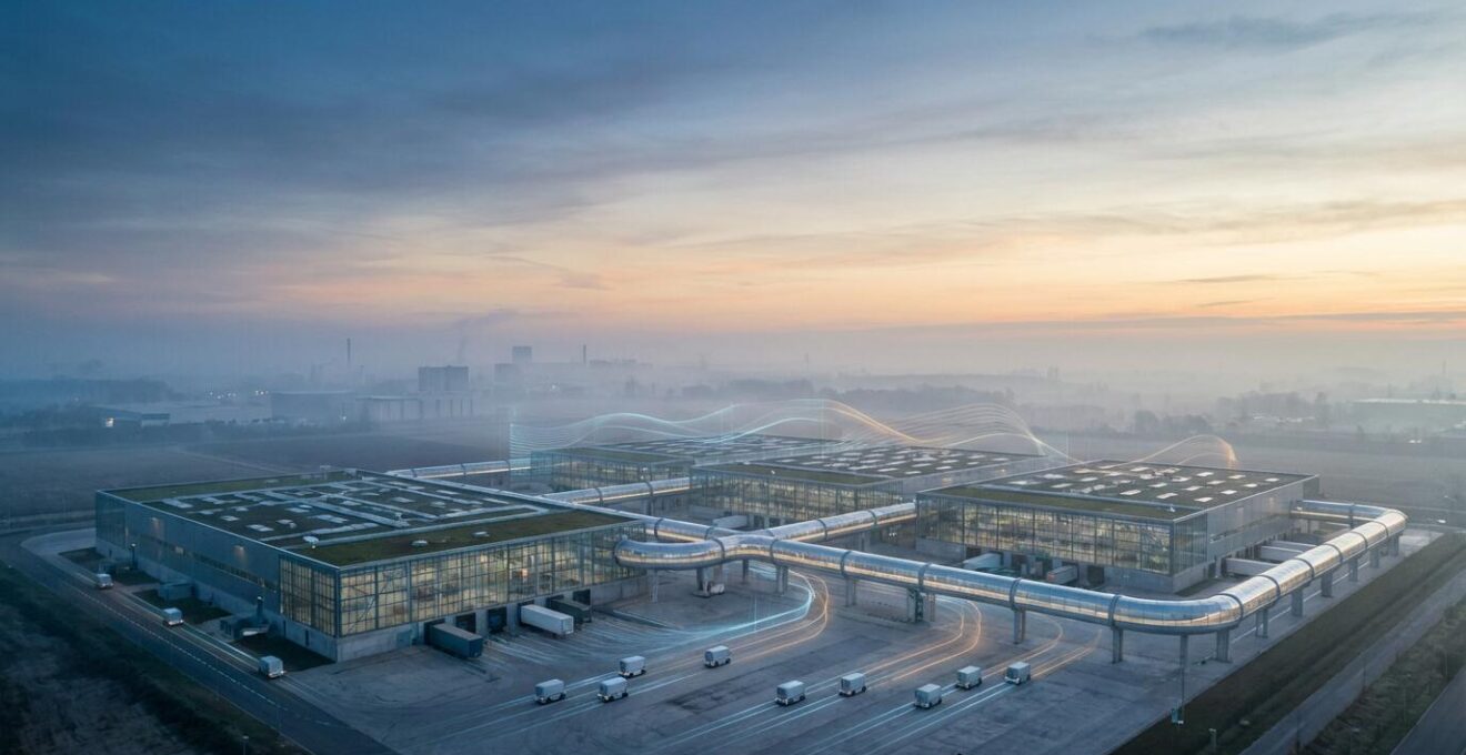 Complex industrial supply chain network visualization with AI neural patterns overlaying distribution centers and transportation routes