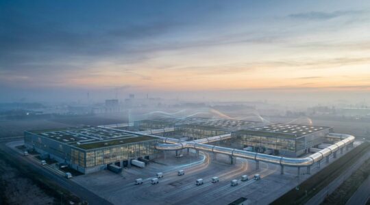 Complex industrial supply chain network visualization with AI neural patterns overlaying distribution centers and transportation routes