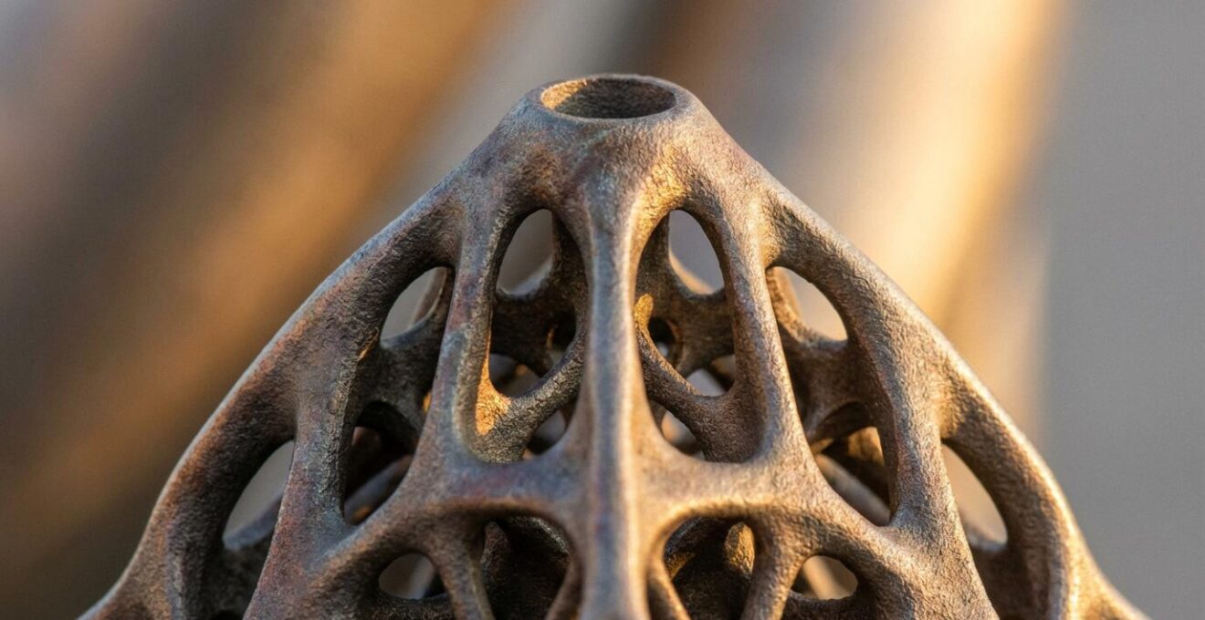 Macro photograph of biomimetic industrial part showing organic lattice structure created through generative design