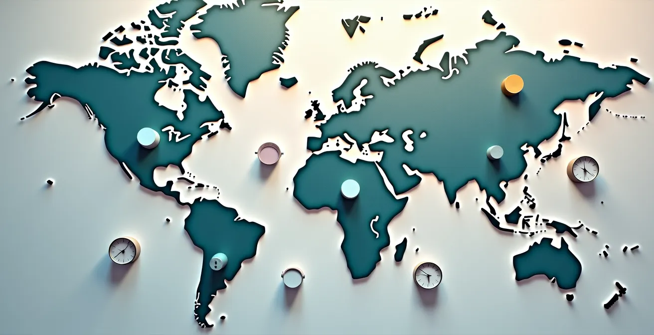 Diverse team members collaborating across time zones with digital communication tools