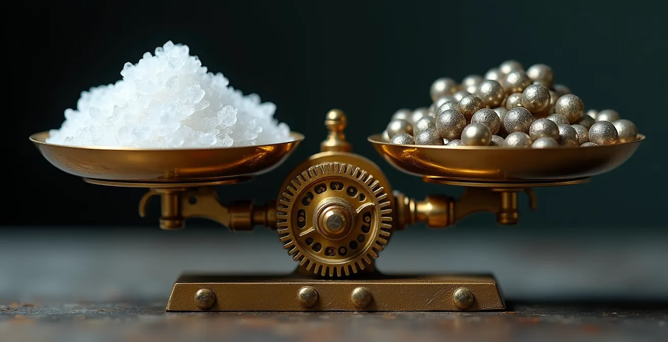 Strategic balance visualization between growth and profitability metrics shown as a precision scale