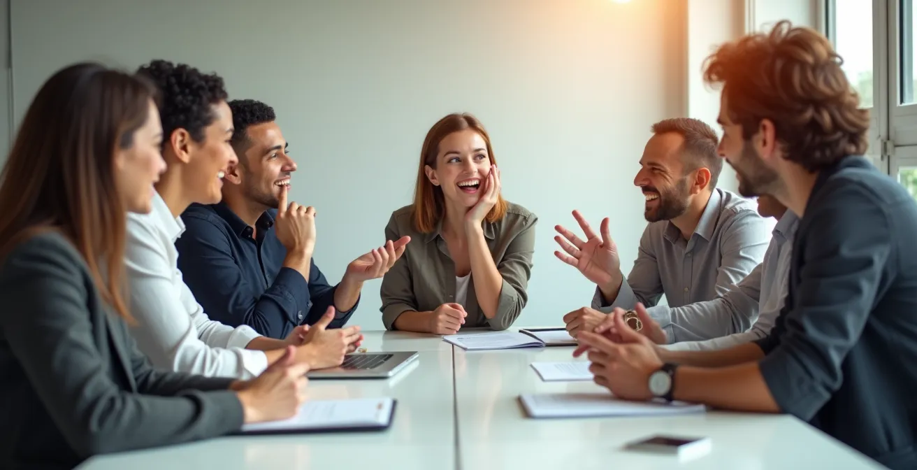 Group of people in collaborative discussion showing engagement and anticipation