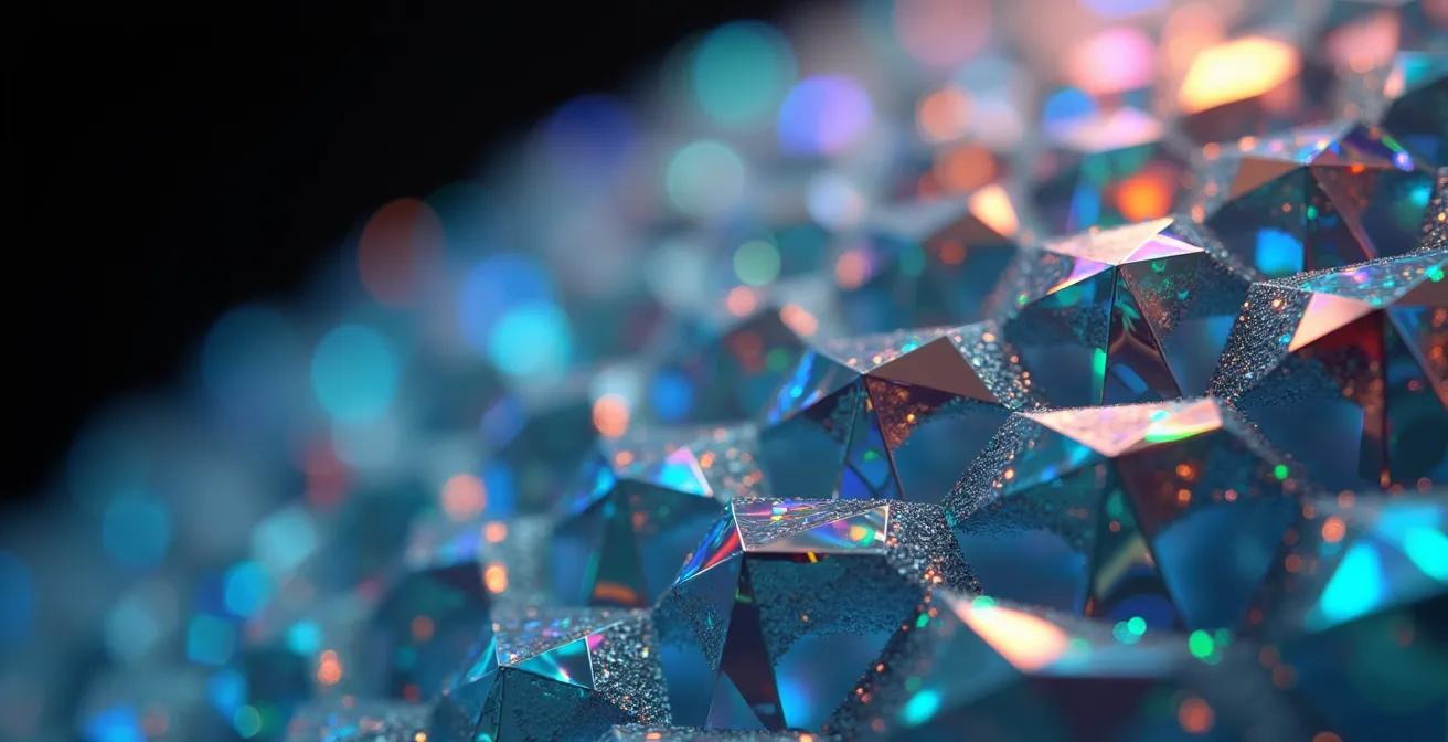 Macro shot of crystalline lattice structures with light passing through geometric formations