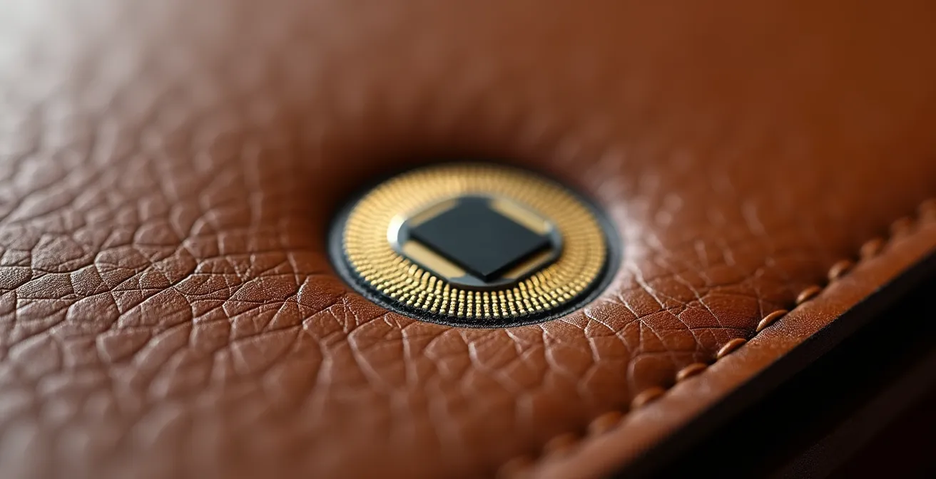 Close-up of NFC chip embedded in luxury leather goods for blockchain authentication