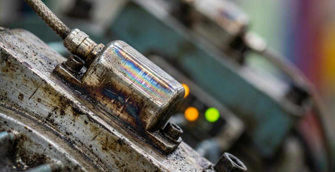 Extreme close-up of industrial sensor showing predictive maintenance data patterns