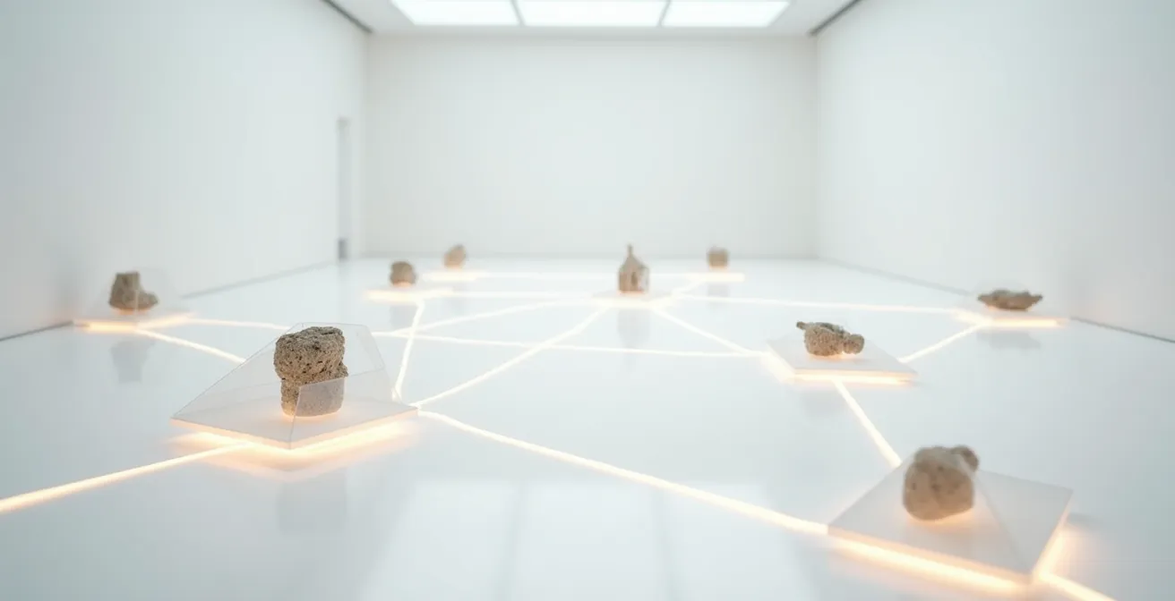 Abstract visualization of interconnected cultural heritage data points forming a global network