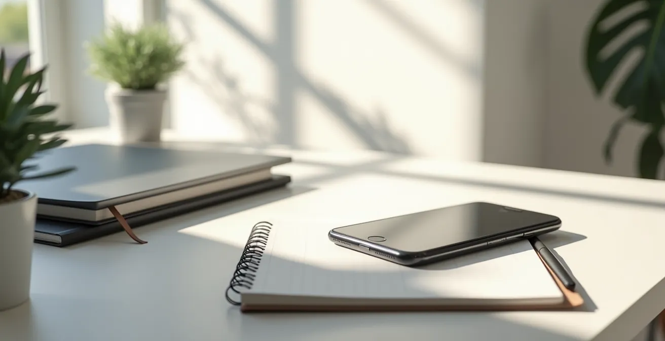 A clean desk setup with analog tools and a phone placed face-down in a drawer