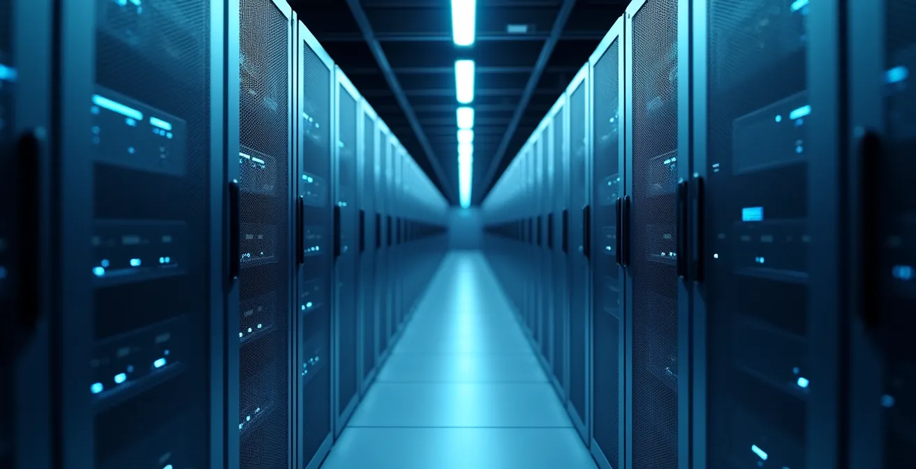 Wide angle view of modular server infrastructure with glowing interconnected nodes