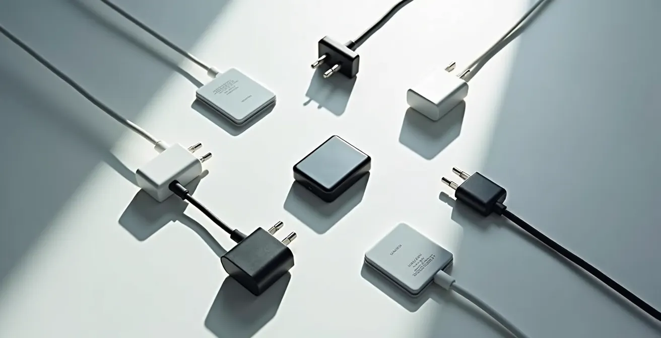 Array of different charging network cards and adapters laid out systematically
