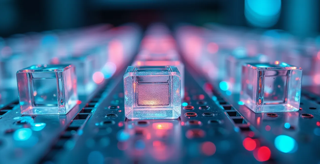 Cross-section view of tiered digital storage architecture with crystalline data structures