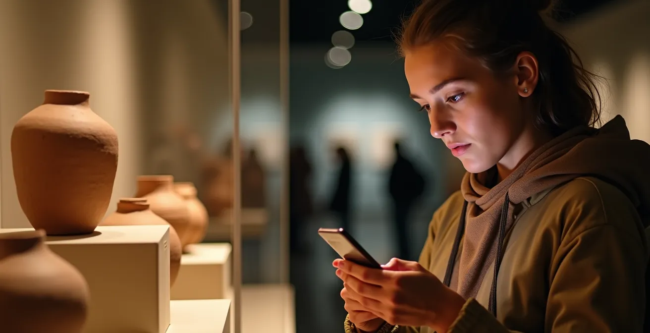 Visitor putting down phone to directly observe museum artifact with renewed appreciation