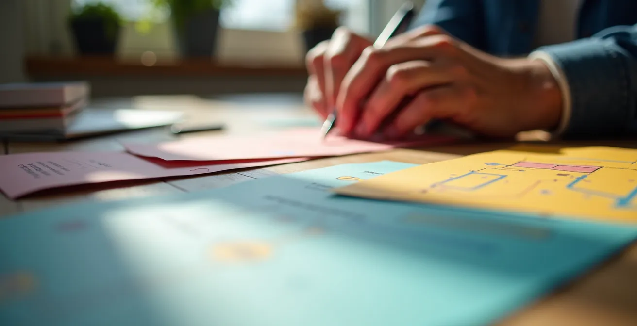 Extreme close-up of hands organizing data workflow on paper