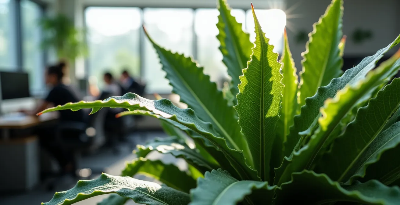 Close-up of resilient office plants with fractal leaf patterns creating green workspace dividers in a modern office.
