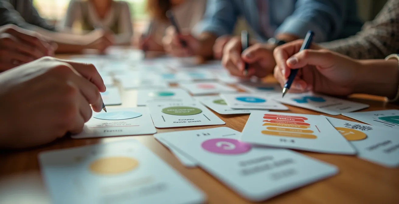 Hands holding planning poker cards during an estimation session with blurred team members in background