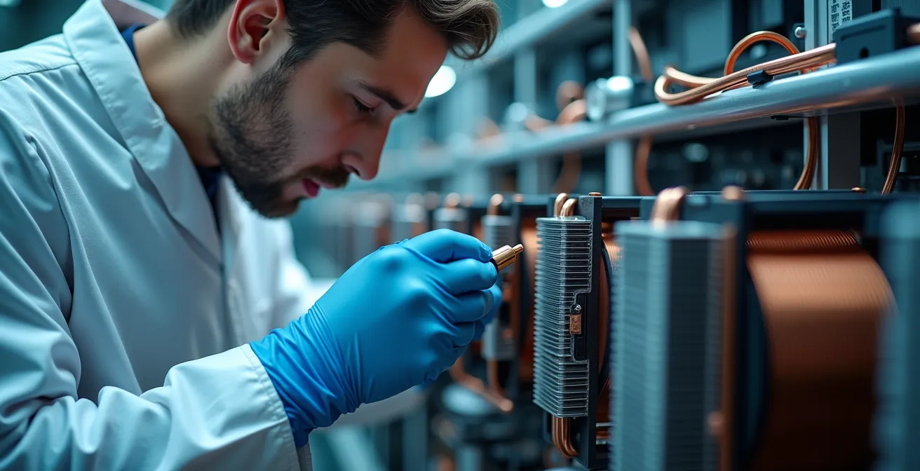 Human perspective showing technician examining cooling system components