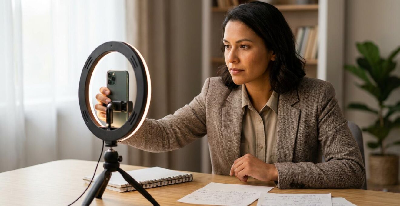 Professional photographing setup for LinkedIn content creation with ring light and notes