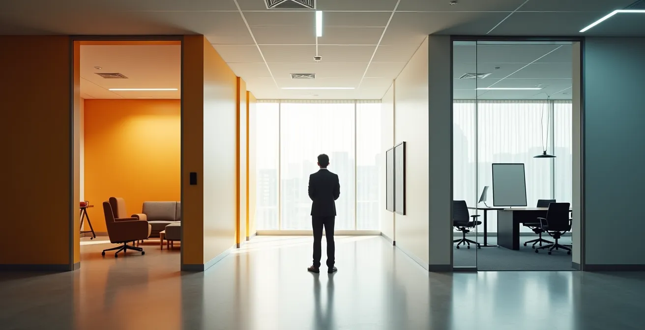 Professional at crossroads between two paths representing different support options