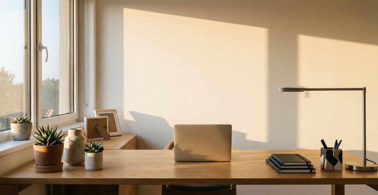 Professional workspace showing the transition between work and personal life with natural light