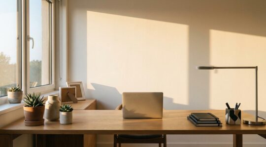 Professional workspace showing the transition between work and personal life with natural light