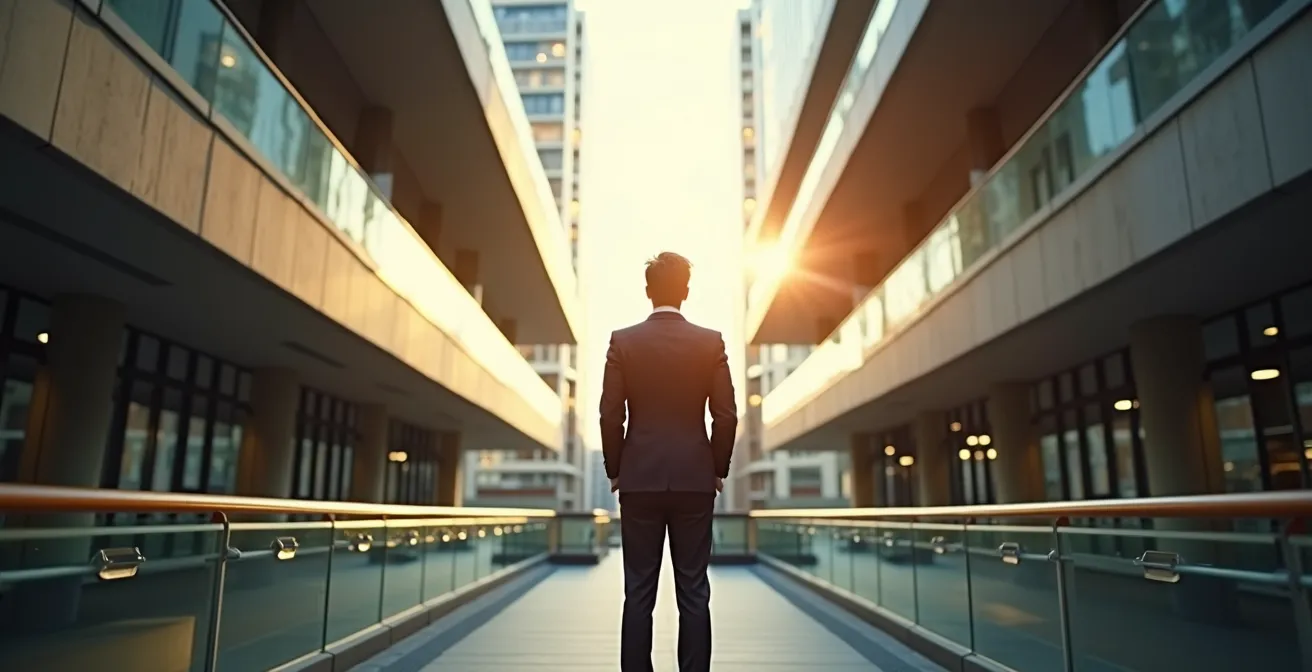 Professional at crossroads with multiple pathways showing different learning trajectories